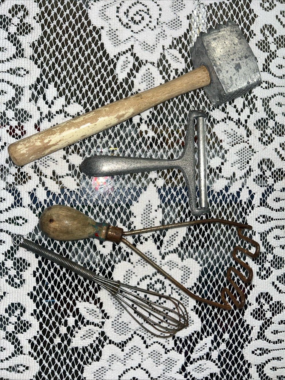 Vintage Kitchen Tool Lot - Wooden Handle Whisk, Muddler, Masher